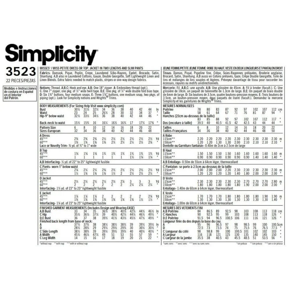 Simplicity Sewing Pattern‎ 3523 Dress Top Jacket Slim Pants Misses Size 6-14
